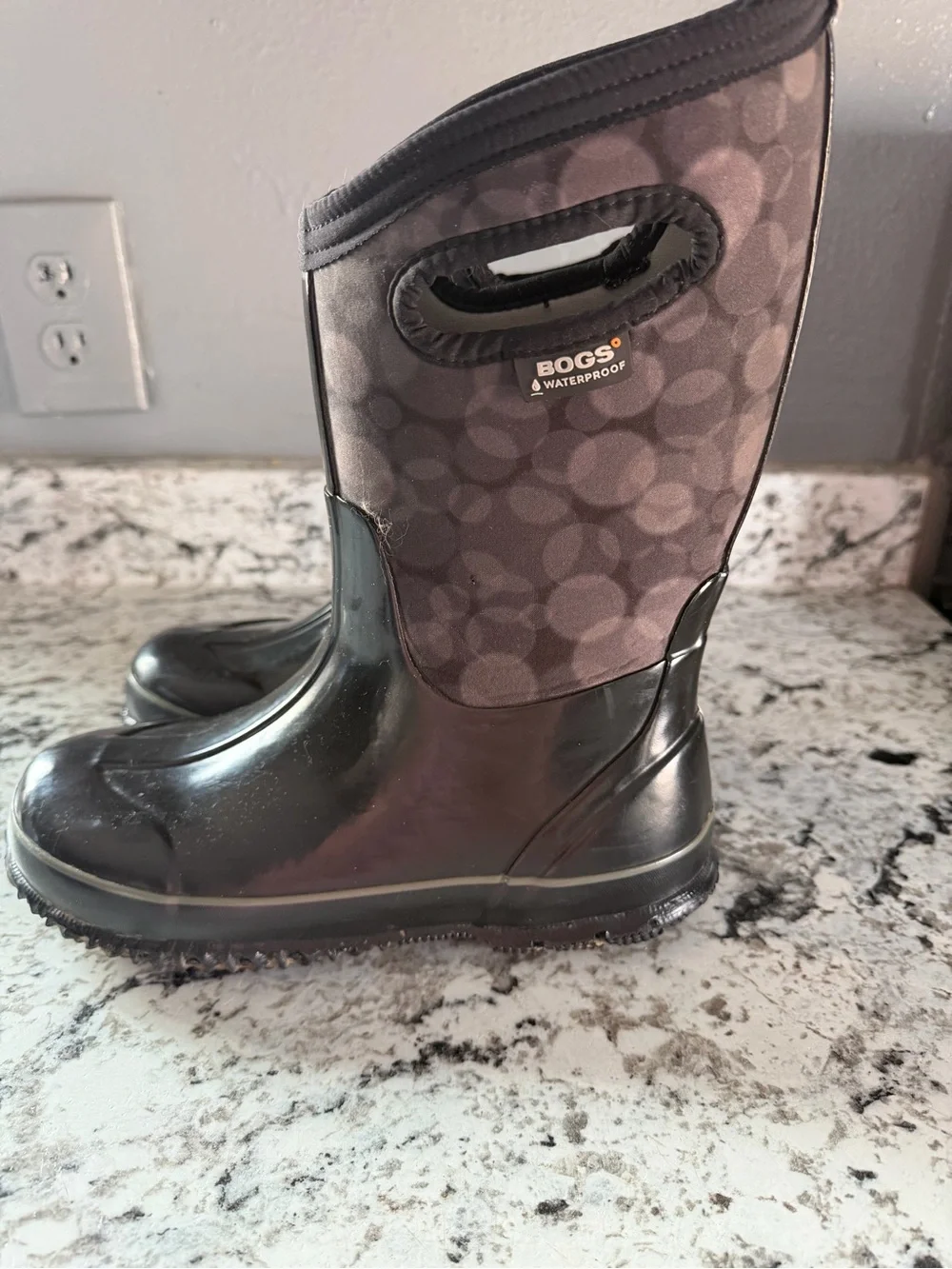 Bogs Kids Black and Gray Waterproof Rain Boots with Pull Handles